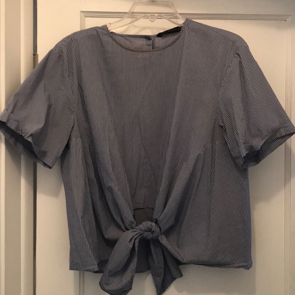 Zara Blue & White Striped Top with Tie Waist - M